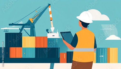 Dockworker stands facing intermodal containers with cranes and clouds on a sunny blue day in this flat design style