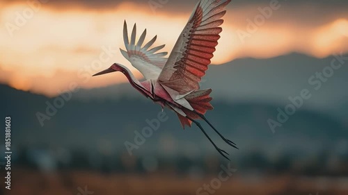 Roseate Spoonbill Flight: A roseate spoonbill soars gracefully through the air against a backdrop of the setting sun.