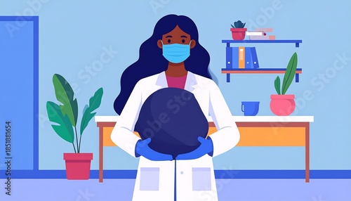 Doctor in lab coat, mask and gloves holding a dark object in office with plants and shelf