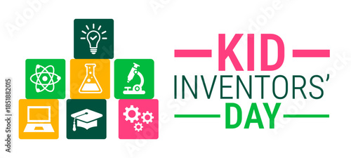 Kid Inventors’ Day background, banner, card or poster design template is observed every year during January, to raise awareness about the mission. Vector illustration.