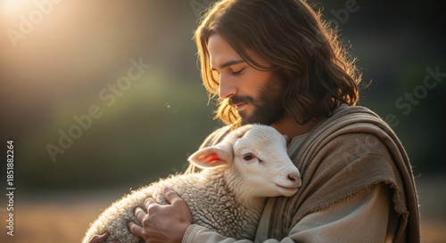 Jesus Christ holding a lamb with warm sunlight and peaceful compassionate gaze