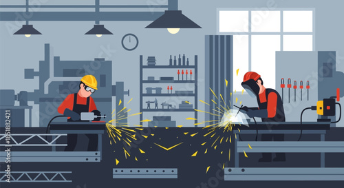 Workers welding in a factory setting