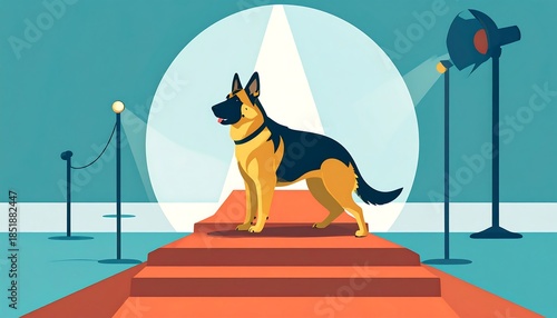 Dog stands on a red carpet under spotlights in an illustration with a blue background