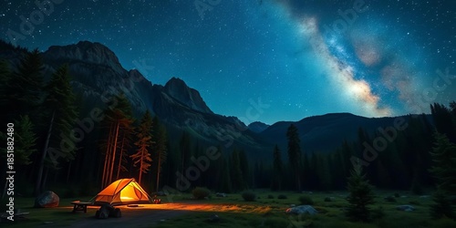 Vast forest valley campsite under starlit sky with Milky Way glow,  astrophotography,  deep woods
