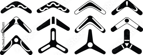 Boomerang icon set, tribal silhouette designs, flying tool shapes, curved arms, black vector symbols, cultural throwing weapon