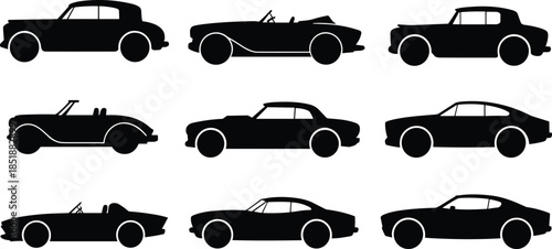 Classic car silhouette icon set, vintage vehicle, retro automobile, convertible, hardtop, profile, black shape, 