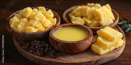 Pure organic desi ghee clarified butter on wooden table Generative AI