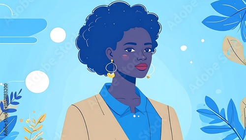 Elegant woman portrait with blue afro, stylish attire against nature-inspired backdrop, in shades of blue and beige
