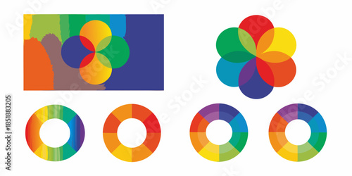 Overlapping circles of vibrant colors forming abstract compositions and patterns