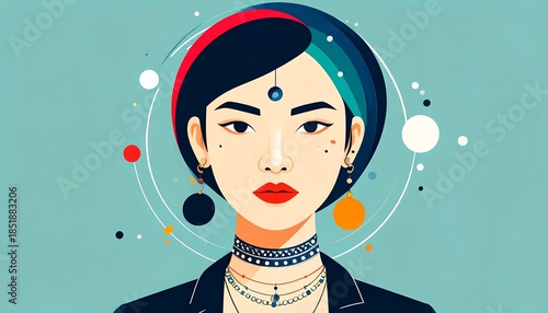 Elegant woman portrait; colorful highlights, geometric shapes, teal background, minimalist style