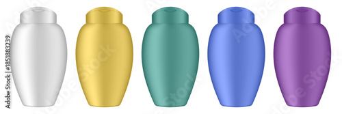 Set of cosmetic bottles for lotion or body milk. White, yellow, teal, blue, and purple bottles. Cream, shampoo, shower gel or body lotion