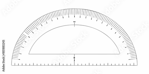 A detailed illustration of a protractor with precise degree markings