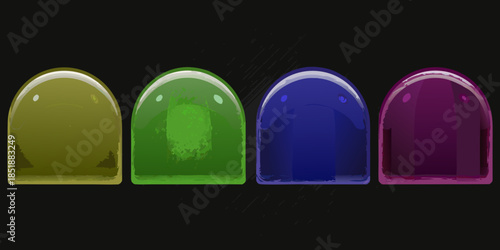 Four colorful rounded shapes with glossy reflections arranged in a row