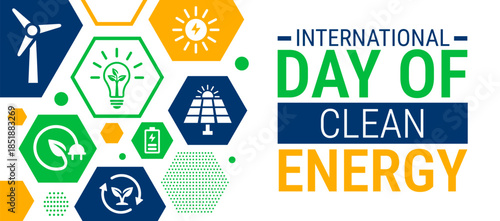 International Day of Clean Energy background, banner, card or poster design template is observed every year during January, to raise awareness about the mission. Vector illustration.