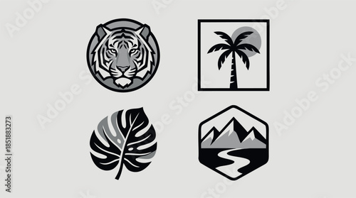 Stylized representations of letters, mountains, a compass, and abstract shapes.