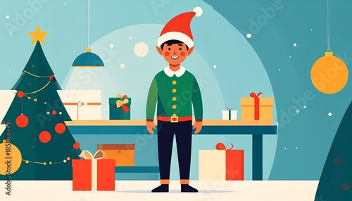 Elf in Santa hat standing near a Christmas tree with gifts, with light blue wall