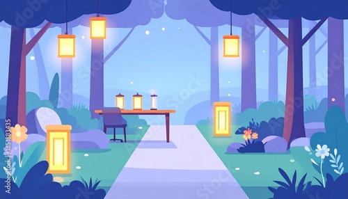 Enchanting cartoon landscape with a pathway leading to a desk illuminated by glowing lanterns in a whimsical forest