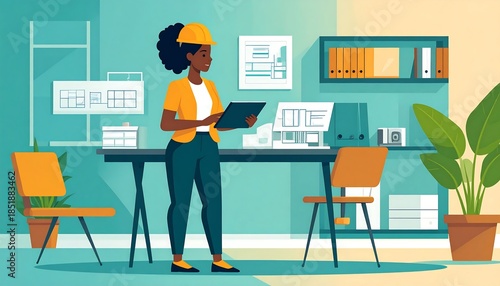 Engineer in bright office examines blueprints on tablet, surrounded by designs, chair, potted plant, and organized shelves