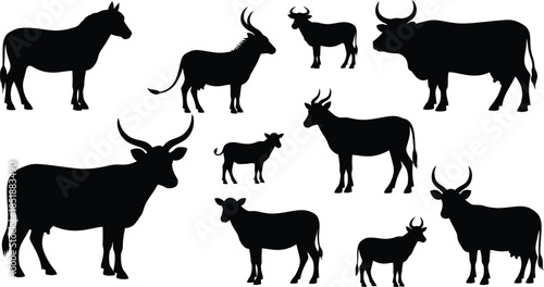Collection of various antelope and cow silhouettes in different poses