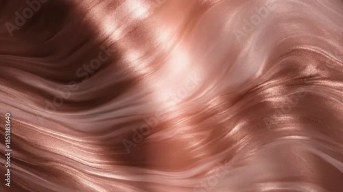 Stunning abstract background features flowing waves of shimmering rose gold metallic liquid texture