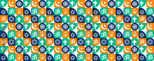 World all Religion icon Geometric shape pattern background, banner, card or poster design template.