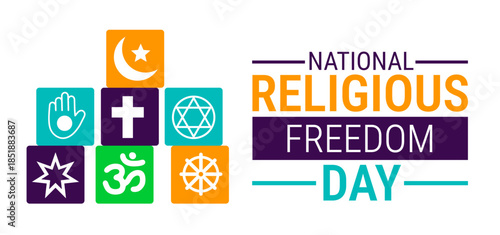 National Religious Freedom Day background, banner, card or poster design template is observed every year during January, to raise awareness about the mission. Vector illustration.