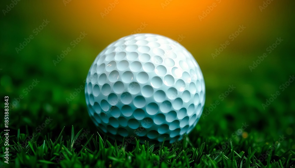 Fototapeta premium Close-up of a dimpled golf ball on a green putting surface, equipment, hole