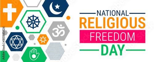 National Religious Freedom Day background, banner, card or poster design template is observed every year during January, to raise awareness about the mission. Vector illustration.