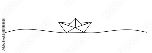 One continuous line drawing of paper boat. Origami ship concept. Paper boat in the sea one line art drawing