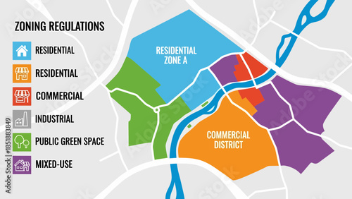 Urban Zoning Map with Colored Districts.