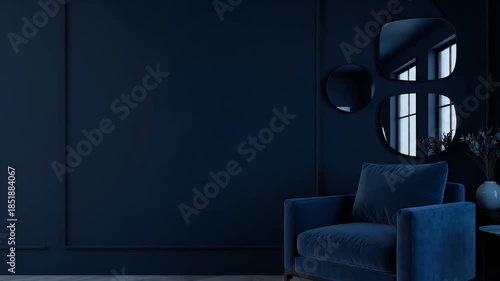 Modern Dark Blue Living Room with Armchair and Mirror Decor.