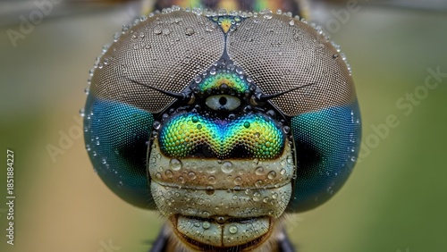Extreme macro detail of a dragonfly head with iridescent compound eyes and morning dew.