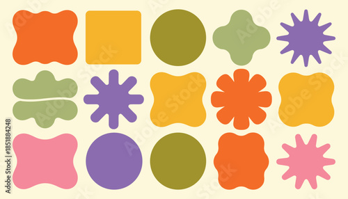 A collection of abstract organic shapes and geometric forms in muted retro colors arranged in a grid pattern