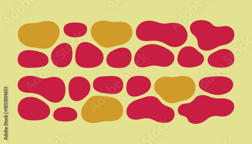 Abstract organic shapes in mustard yellow and crimson red on a pale yellow background blobs amoeba irregular shapes