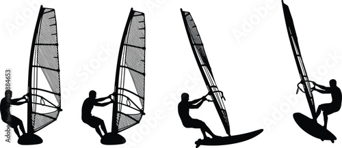 Windsurfing silhouettes isolated on white background, surfer riding sailboard illustration for water sport, extreme action, ocean adventure concept vector design