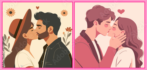 Romantic couple kissing with red heart symbols and floral elements. Flat vector illustration of lovers in a sweet embrace, perfect for Valentine's Day and wedding invitations