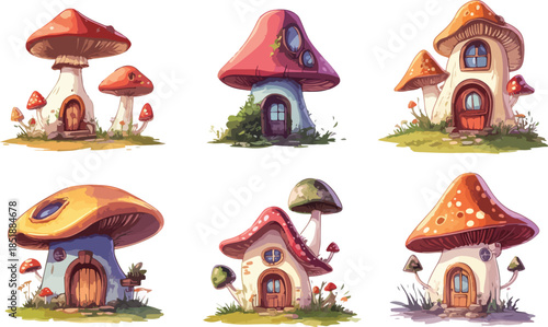 Vector illustration of a small mushroom house decorated for a winter Christmas holiday featuring a snow covered roof and gingerbread style gift box icons on a sweet seasonal background