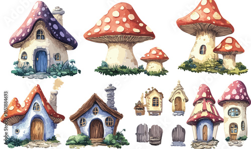 A festive gingerbread house vector illustration featuring a snow-covered roof and mushrooms set in a winter Christmas scene with a decorated tree and holiday gifts