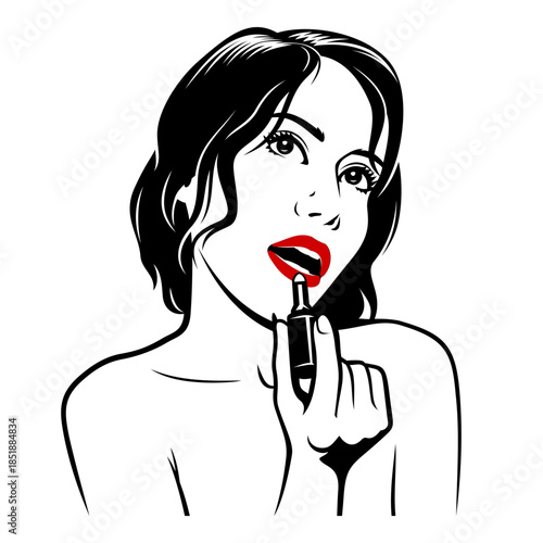 Portrait of woman applying red lipstick in pop art style. Black and white vector clipart.