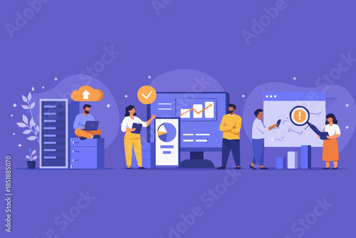 Big Data and Cloud Computing illustration set. Business characters using remote servers to analyzing large sets of data and recognizing mistakes. Actionable data concept. Vector illustration.