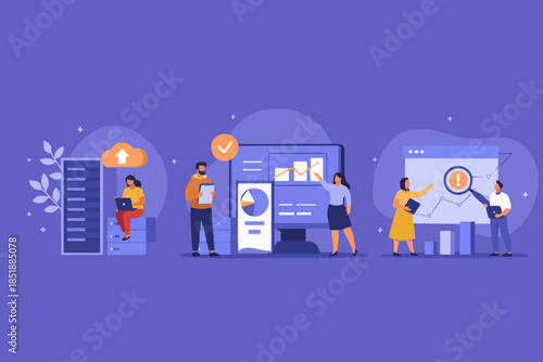 Big Data and Cloud Computing illustration set. Business characters using remote servers to analyzing large sets of data and recognizing mistakes. Actionable data concept. Vector illustration.
