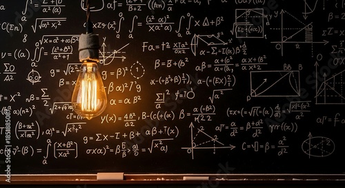 Illumination of Insight: A bright light bulb radiates warmth against a backdrop of complex mathematical equations, symbolizing the power of ideas and the pursuit of knowledge.