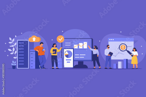 Big Data and Cloud Computing illustration set. Business characters using remote servers to analyzing large sets of data and recognizing mistakes. Actionable data concept. Vector illustration.