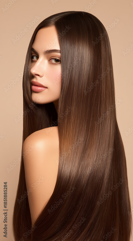 Naklejka premium Beautiful Woman with Long Straight Shiny Brunette Hair and Natural Makeup Portrait