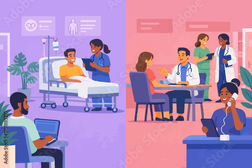 Medical staff and patients. Female doctor check patients x-ray in clinic. Male doctor therapist consulting woman. Healthcare team in hospital.Medical People characters set. Flat vector illustration.