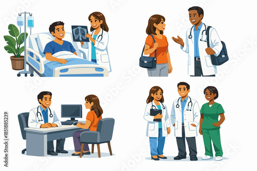 Medical staff and patients. Female doctor check patients x-ray in clinic. Male doctor therapist consulting woman. Healthcare team in hospital.Medical People characters set. Flat vector illustration.