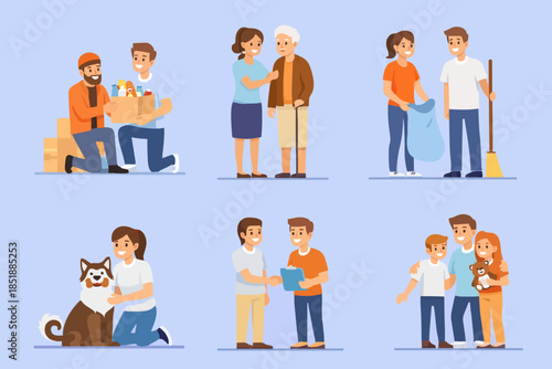 Volunteers at work. Flat style vector illustration isolated on white background.