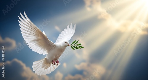 Dove of Peace: A pristine white dove soars gracefully against a backdrop of sunlit clouds, carrying an olive branch, symbolizing peace, hope, and serenity.