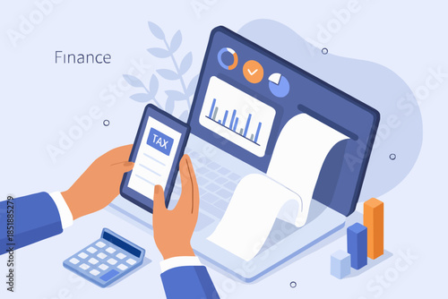 Finance isometric. Financial consultant or advisor calculating invoices and filling tax declaration for tax return. Accounting and taxation concept. Vector illustration.