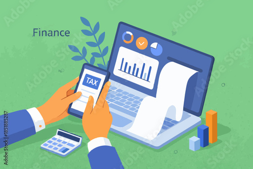 Finance isometric. Financial consultant or advisor calculating invoices and filling tax declaration for tax return. Accounting and taxation concept. Vector illustration.